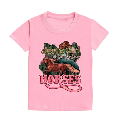 Just A Girl Who Loves Horses Print Kids T-shirt Toddler Short Sleeve Shirt Girls Cute Casual Clothes Children Summer Tee