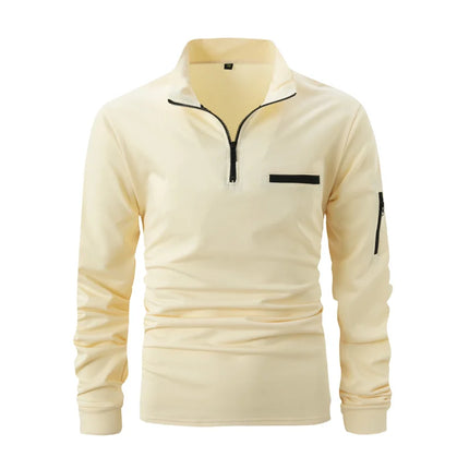 Men's stand-collar half-zip long-sleeve polo shirt, new autumn/winter style casual top with trendy and simple pocket detail