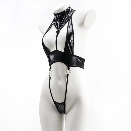 Anime Cosplay Lingerie Halter Three Point Swimsuit Hollow Out Backless Faux Leather Catsuit Women Sexy Bodysuit Bandage Set
