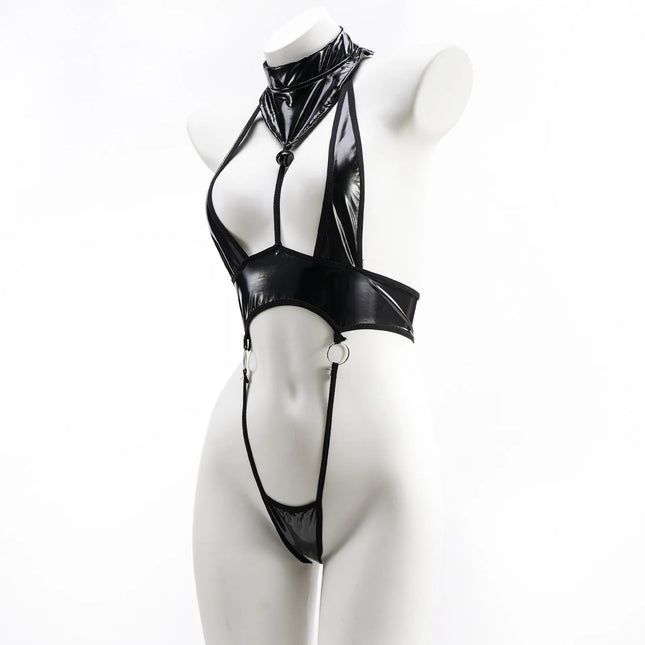 Anime Cosplay Lingerie Halter Three Point Swimsuit Hollow Out Backless Faux Leather Catsuit Women Sexy Bodysuit Bandage Set