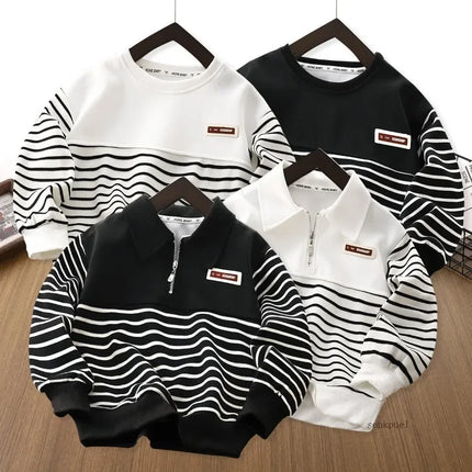 Children's Sweatshirt Spring Autumn Kids Boys' Half-zipper Sweatshirt Striped Lapel Middle and Big Children's Round Neck Tops