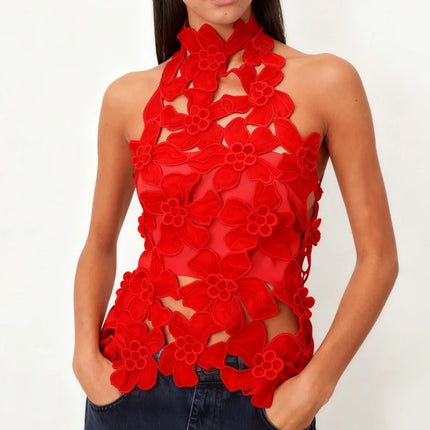 Women Hollow Out 3D Floral Velvet Halter Top Mock Neck Sleeveless Backless Tank Top Sexy Going Out Party Tops Vest