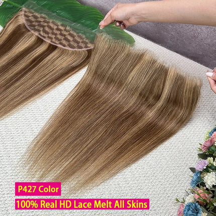 #P427 Honey Blonde Highlight 13x4 Invisible HD Lace Frontal Melt Skin PrePlucked Bleached Knots Straight Raw Virgin Human Hair
