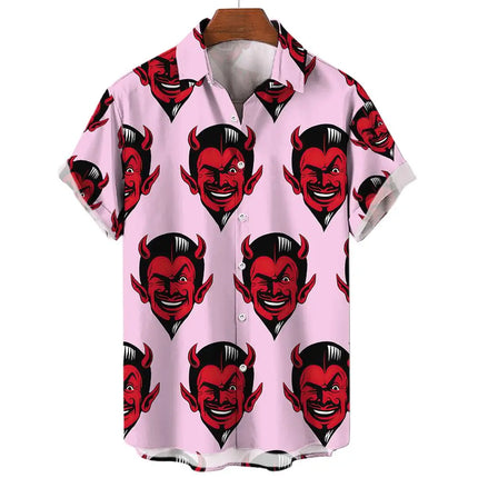 Devil Pattern Men's Shirts Oversized Shirt Loose Casual Double Patchwork Red Imp Party Festival Camisas Original