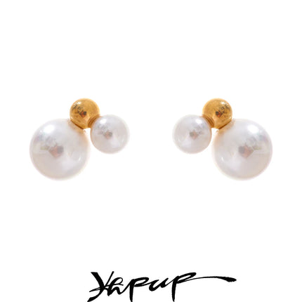 Yhpup Korean Style Imitation Pearls Round Stud Earrings Charm Stainless Steel Small Golden Daily Jewelry Gold Platinum Plated