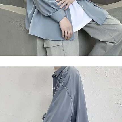 Korean Style Men's Long-sleeved Shirts Black Tie Cozy Casual Solid Oversize Blouses Breathable Loose Shirt Harajuku Male Clothes