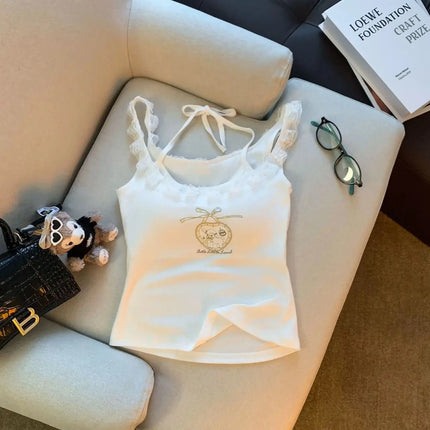 Removable Pad Lace Trim Crop Top Sleeveless Tank Top Printed Design Sweet And Spicy Style Women's Fashion Cotton Blend