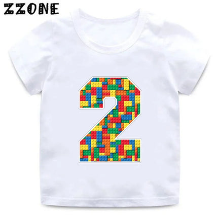 Building Blocks Bricks Number Bow Print Cartoon Boys Clothes 1 2 3 4 5 6 7 8 9 Years Birthday Kids T-shirt Baby Girls T-Shirts