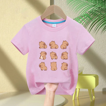 Cute Capybara Loves Bubble Tea print kids T-Shirt summer children's pure cotton short-sleeved casual tops boys and girls gifts