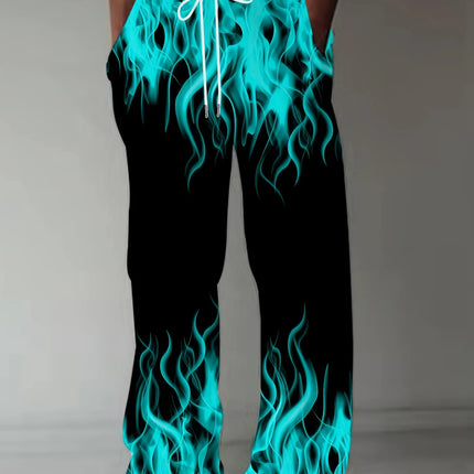 Fashion Men's Pants Casual Retro Flame Print Straight Leg Pants Summer Men'S Loose Fit Trousers With Drawstring As Gift