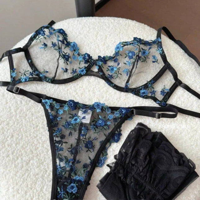 European Women Alluring Sheer Lace Embroidery Underwire Bra, Big Bust Support Minimize Anti‑Sagging Soft Lingerie S‑XL Bra Set
