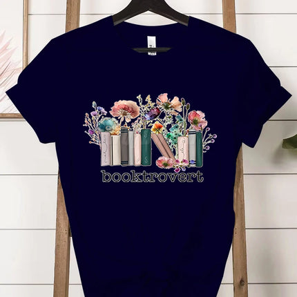 Booktrovert Fashion Casual T-shirts Funny Book Lover Summer Short Sleeve Tee Trendy Vintage Bookish Flower Classic Tops Clothes