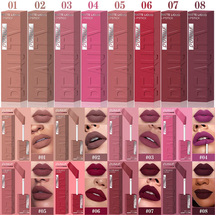8Pcs/Set Nude Brown Matte Liquid Lipstick Velvet Sexy Dark Red Lip Glaze Non-stick Cup Not Easy To Fade Lip Gloss Lipstick Makeu