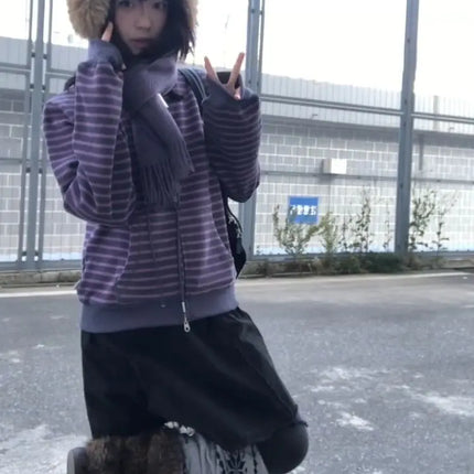 Y2K Vintage Zipper Hoodie Women Long Sleeve Subculture Purple Stripe Priint Harajuku Style Autumn Spting Casual Tops Streetwear