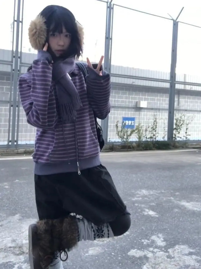 Y2K Vintage Zipper Hoodie Women Long Sleeve Subculture Purple Stripe Priint Harajuku Style Autumn Spting Casual Tops Streetwear