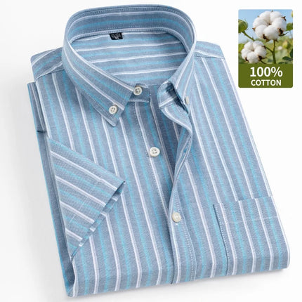 New 100% Cotton Oxford Men's Shirts Short Sleeve Plaid Soft Regular Fit Formal Dress Shirt Social Blouse Male Clothes 6XL 7XL