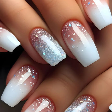 24Pcs Simple Square Head Fake Nail with nude design White Gradient French Press on False Nails Short Full Cover Nail Tips
