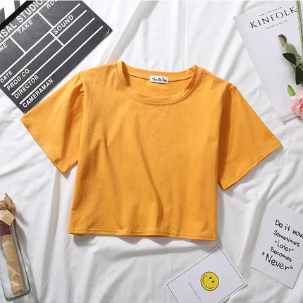 Summer Short Sleeve T Shirts Women  Solid T-shirt O Neck High Waist Crop Top Tee Female Casual Loose T Shirt