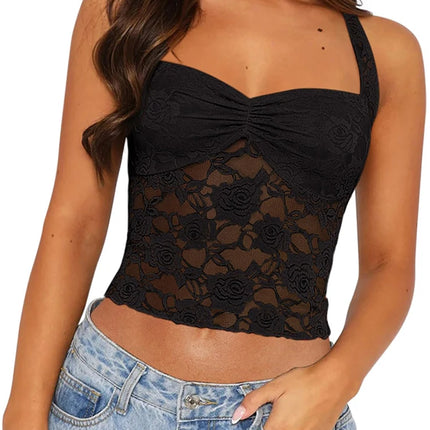 Spring/Summer 2025 New Arrival Women's Y2K Style Sleeveless Lace-Trimmed Fitted T-Shirt Lace-Tie Plain-Colour Tank Top