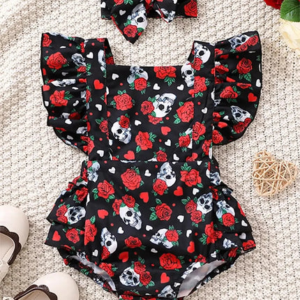 Summer Newborn Baby Clothes Rose Skull Pumpkin Sweetheart Flying Sleeves Triangle Romper Jumpsuit