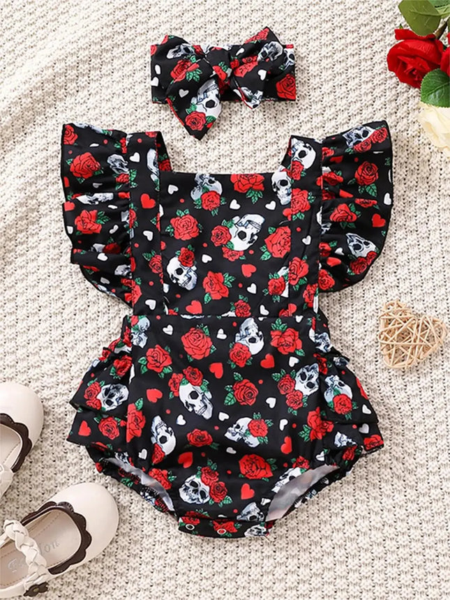 Summer Newborn Baby Clothes Rose Skull Pumpkin Sweetheart Flying Sleeves Triangle Romper Jumpsuit