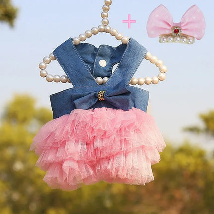 Dog Dress Girls Summer Clothes for Dogs Cat with Bowknot Clips Lace Striped Pet Suspenders Puppy Princess Dresses Dog Tutu Skirt