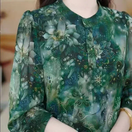 Elegant Silk Shirt Women Long Sleeve Autumn Winter New Style Fashion Floral Print Slimming Top Button Down Cotton Polyester