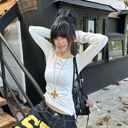 Tonngirls American Retro Print T-shirt Women Long Sleeve Button Graphic Tops Y2k Tops 2000s Japanese Grunge Tops E-girls Autumn