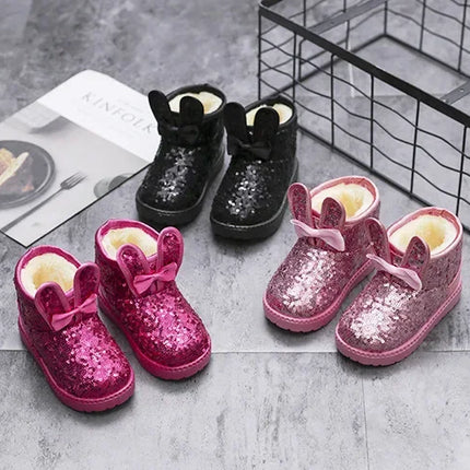 Girls Snow Boots Bunny Ear Bowtie Sequins Cute Winter Warm Ankle Boots Princess Toddler Non-slip Fashion Kids Boot Glitter Bling