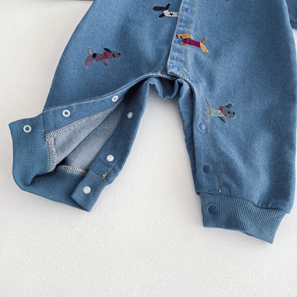 Baby one-piece suit, denim autumn wear, embroidered outdoor crawling clothes for boys and girls, Hayi, first birthday clothes fo