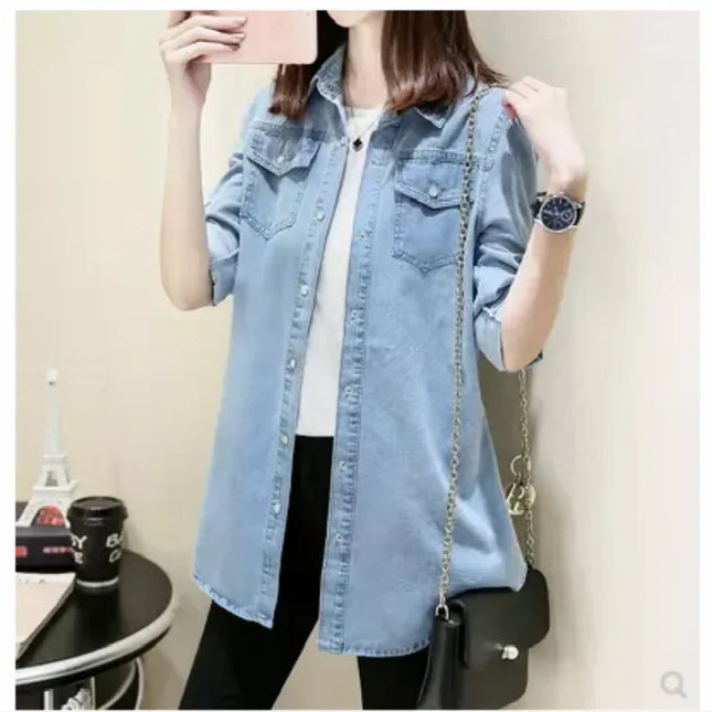 Slim Fit Mid-Length Long Sleeve Denim Shirt Women's Cotton Base Layer Shirt Autumn Winter Polo Collar Pocket Design Jeans Jacket