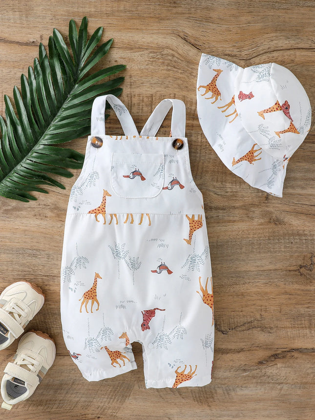 2Pcs Baby Boys Summer Sleeveless Jumpsuit Cartoon Animal For 1-3Y Bodysuit Clothing Casual Fashion Overalls Clothes +Hat
