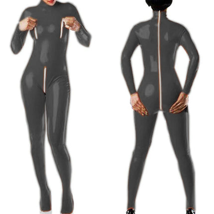 Sexy Faux Leather Jumpsuits for Women High Collar Zipper Open Crotch Open Chest Wet Look Bodysuits Nightclub Clothing Custom