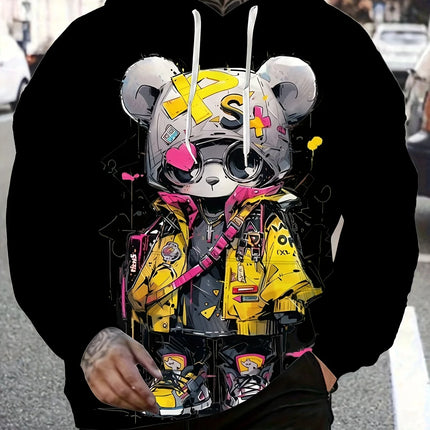 2025 Autumn Men's New Cartoon Cool Bear Printed Soft and Comfortable Hoodie Outdoor Urban Street Style Clothing