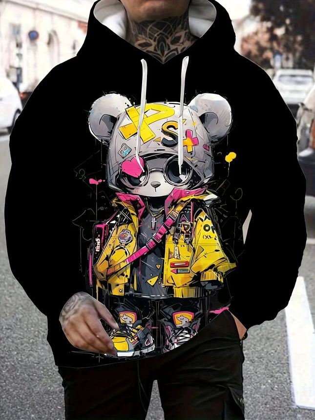 2025 Autumn Men's New Cartoon Cool Bear Printed Soft and Comfortable Hoodie Outdoor Urban Street Style Clothing