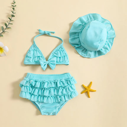Infant Baby Girls Summer Swimwear Lovely Bowknot Halter Neck Vest Tops+Layered Ruffle Tutu Shorts+Swim Hat Baby 3PCS Beachwear