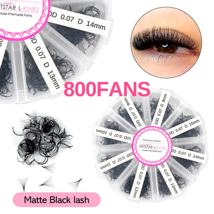 ARTSTAR 800 Fans Loose Fan Lashes Extensions mix8-15mm Length Pointy Base Premade Medium Stem Sharp Thin Russian Volume Lashes