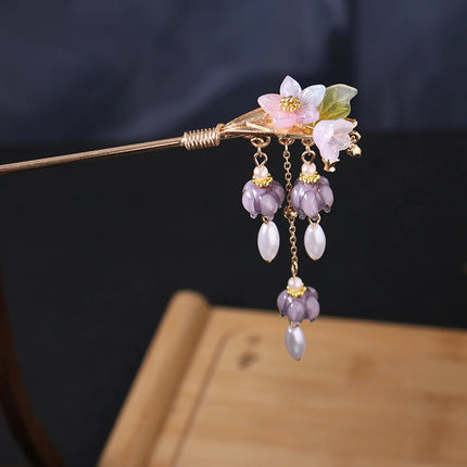 Chinese Purple Flower Hair Sticks Hanfu Decor Hairpins For Girls Tassel Pearl Hair Bun Chopsticks Retro Party Hair Clasp Jewelry