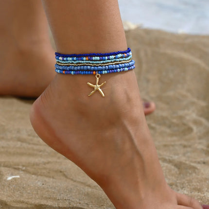 Multilayer Bohemia Rice Bead Anklet Set for Women Fashion Starfish Pendant Anklets Summer Sandy Beach Ankle Chain on Leg Jewelry