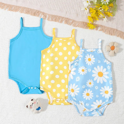 3Pairs/Lot Summer Baby Girl Newborn Baby Sling Onesie 3 Pieces Cute Polka Dot Flower Pattern Cool Breathable Comfortable Onesie