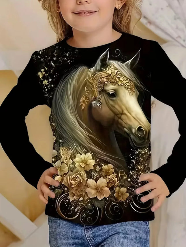 Girl Clothes Fashion Horse 3D Print Kids Long Sleeves T-Shirt Loose Casual Autumn Tops Outdoor Comfortable Children's Clothing