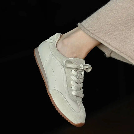 Ins Fashion Suede Leather Women Sneakers Lace Up Flat Shoes Genuine Leather  Ladies Flats Casual Shoes