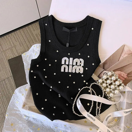 Summer Sexy Sleeveless Vest Women Korean Fashion Inlay Diamond Luxury Designer Slim Fit Knitted Tank Tops Women Camis Clothes