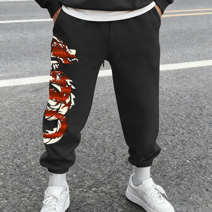 Men's Streetwear Vintage Red Oriental Dragon Print Sweatpants Elastic Waist Soft Fabric Chinese Hip Hop Daily Joggers