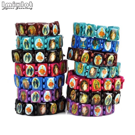 Wooden Rosary Jesus Bracelet Elastic Coloured Beads Catholic Bangle Picture Of Religious Saints Holy Gods Devotion Bracelet
