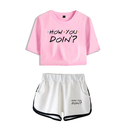 Fashion Youthful Trendy Show I'll Be There for You Short Sleeve Shorts+lovely T-shirts Dew navel Girl suits Two Piece Set