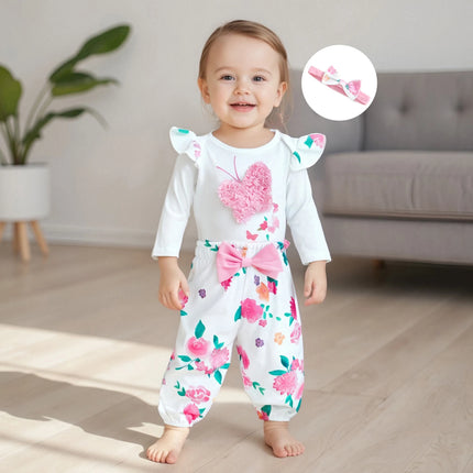 Baby Girls Fall Outfit Long Sleeve Butterfly Print Romper with Floral Pants and Bowknot Headband Clothing Set