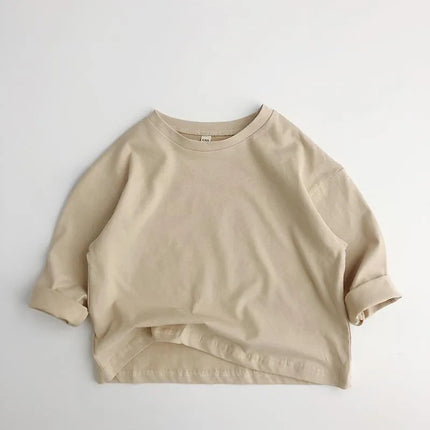 1-7Y Kids Cotton Shirt Solid Caramel Coffee Color Children's 2025 Autumn New Boys Girls Cotton Stylish Long Sleeved T-shirt