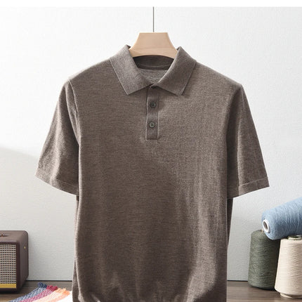 High quality 100% pure spun cashmere men's T-shirt casual solid color knitted pullover short sleeved POLO Neck Tees basic Tops