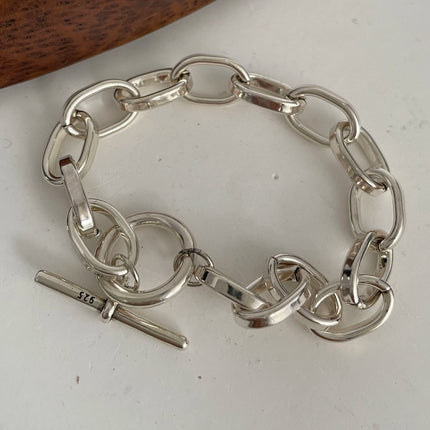 100% Solid 925 Sterling Silver Metal Bracelet for Women Vintage Handmade Simple Retro Heart Chain Bracelet Birthday Gift Party